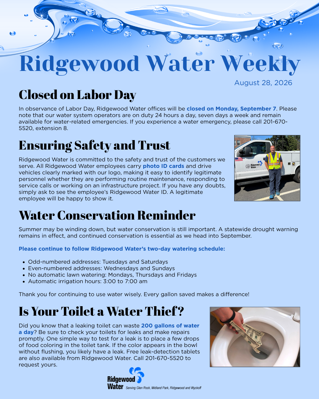 Ridgewood Water Weekly 2026.8.28