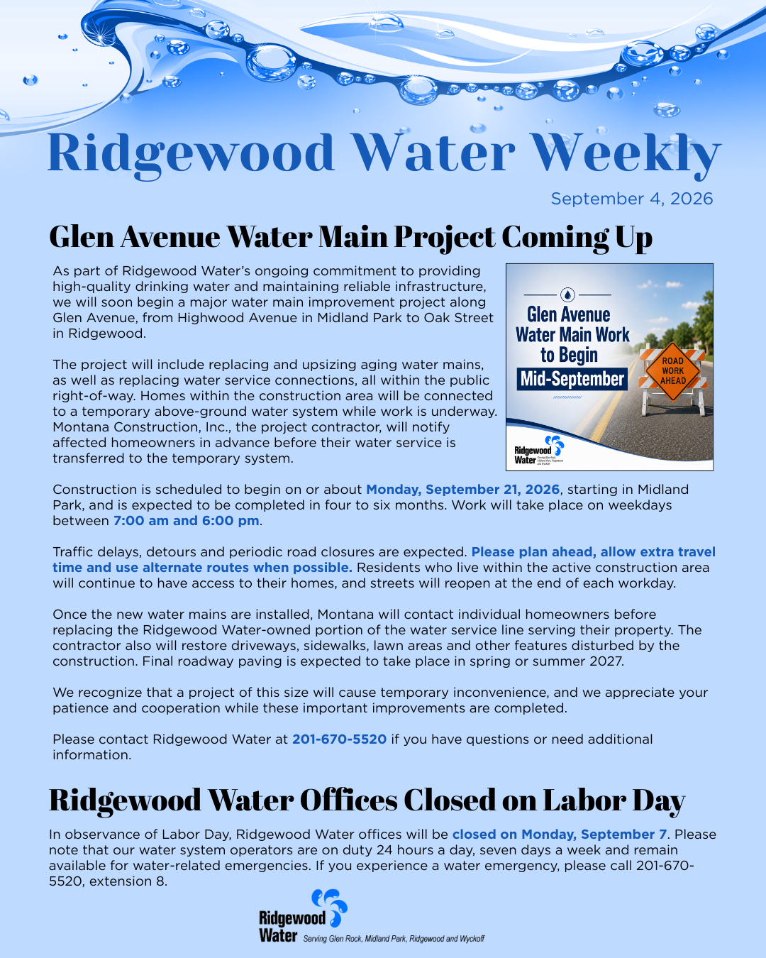 Ridgewood Water Weekly 2026.9.4